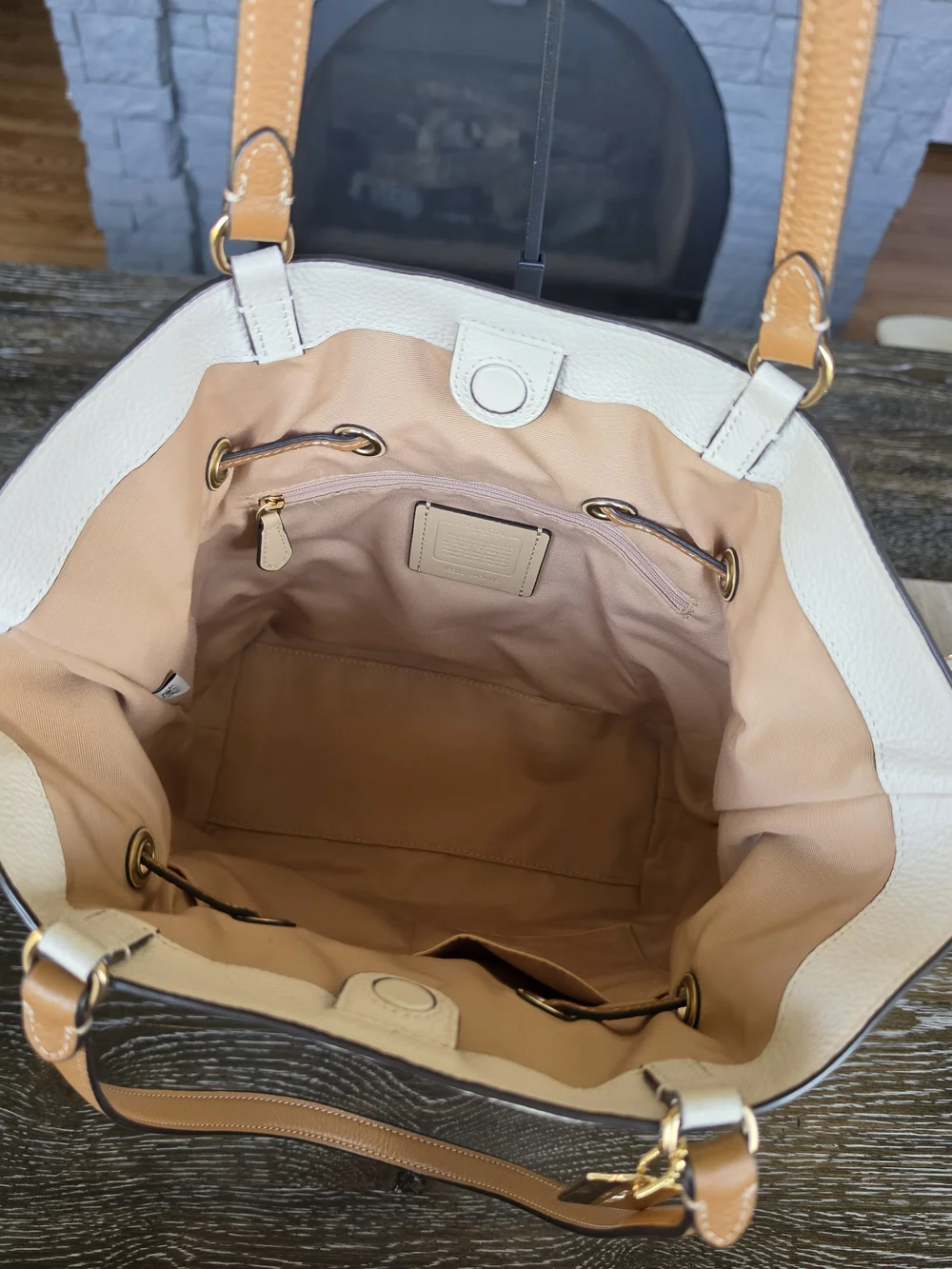 Coach Andy Leather Tote Bag with Carriage - Off-White with Tan Handles